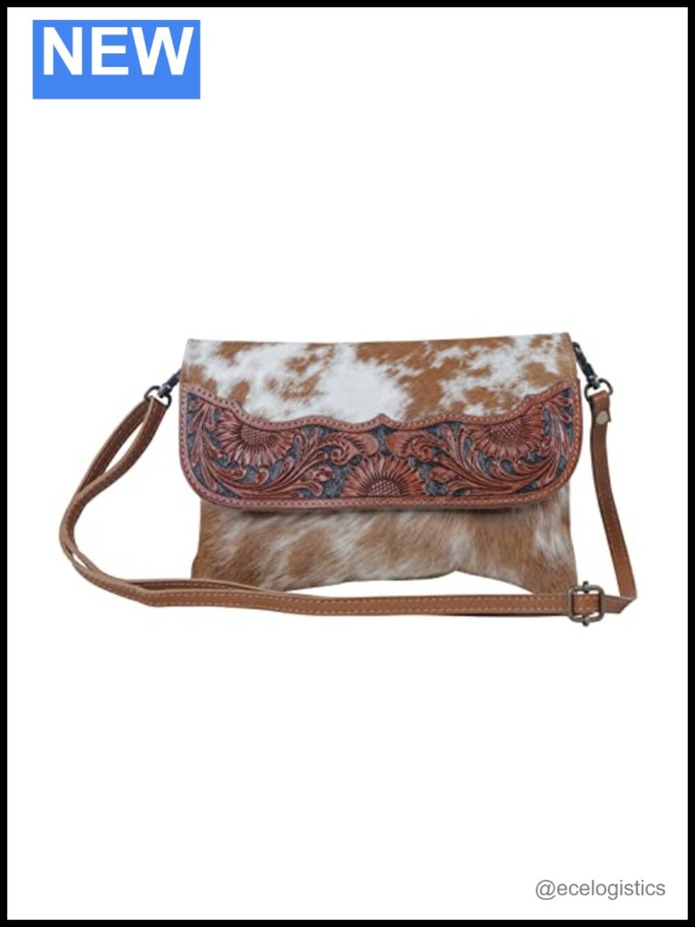 Hand Tooled Leather Shoulder Bag with Flap Clasp Zipper Closure